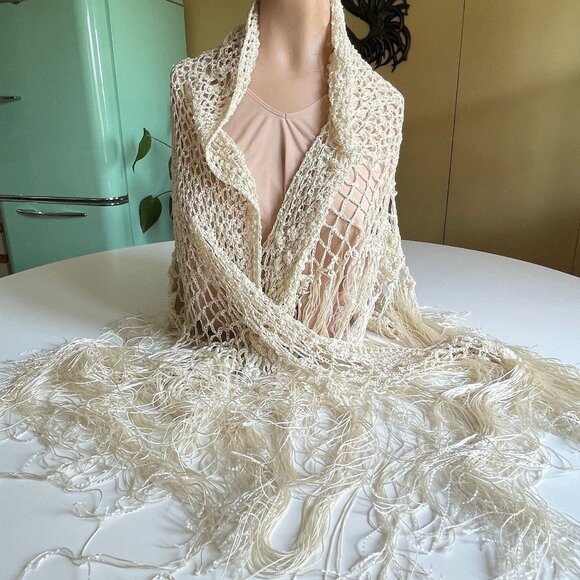 Vintage 80s silky crochet shawl, oversize fringed boho wrap - Picture 1 of 9